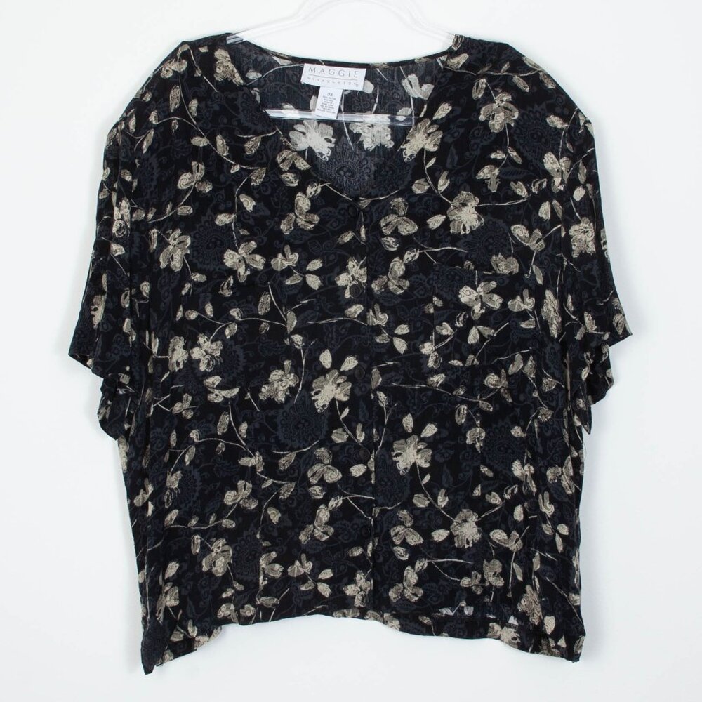 Maggie McNaughton Vintage Womens Dark Floral Button Top Size 3X‎ Short Sleeve